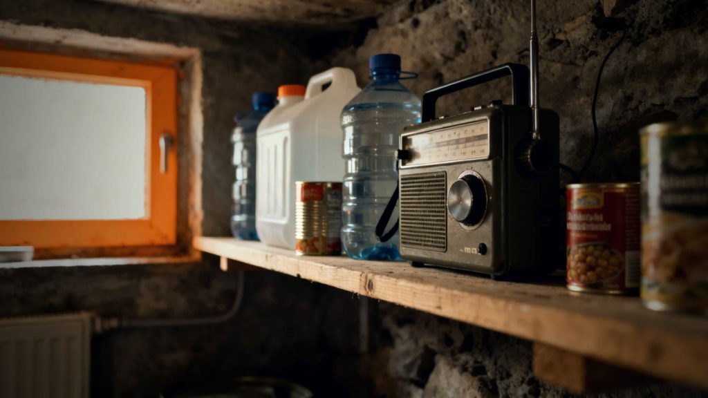 Wasserkanister, Konserven und Kurbelradio als Teil eines 72 Stunden Notfallsets im Regal