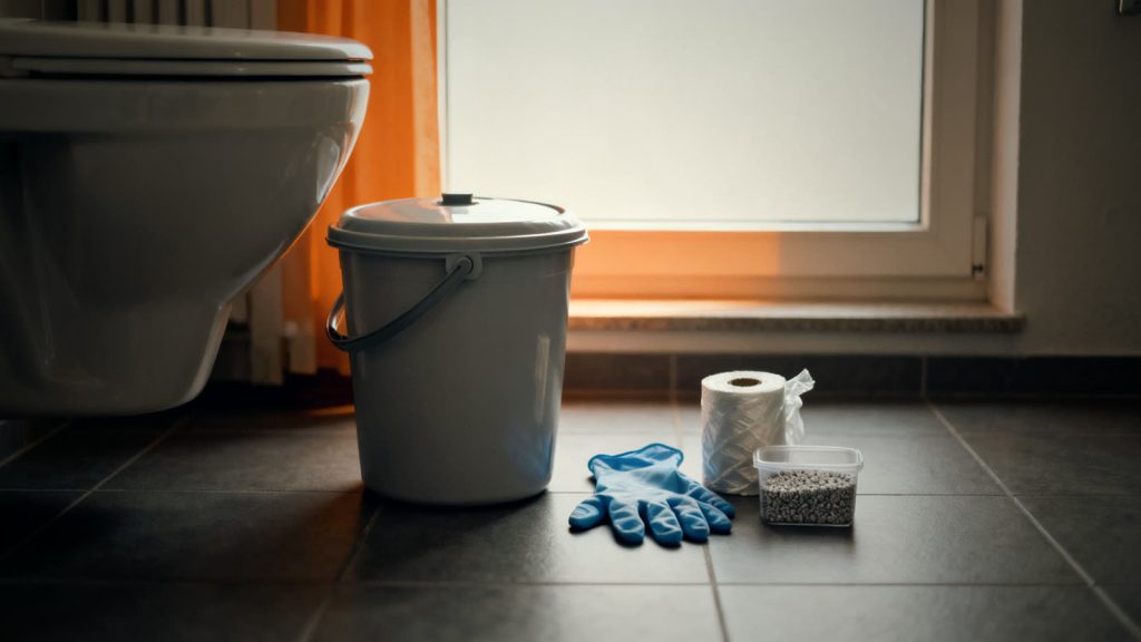 Inodoro de emergencia hecho con un cubo con tapa, junto a bolsas y material absorbente, sobre el suelo embaldosado de un cuarto de baño