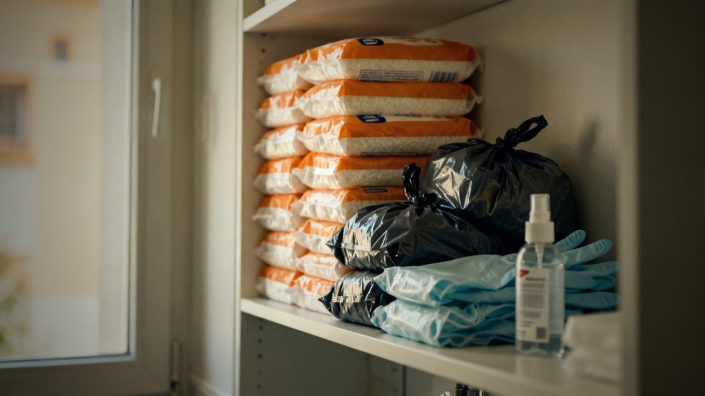Reserva de aglutinante, artículos de higiene y bolsas para el inodoro de emergencia, ordenada en una estantería