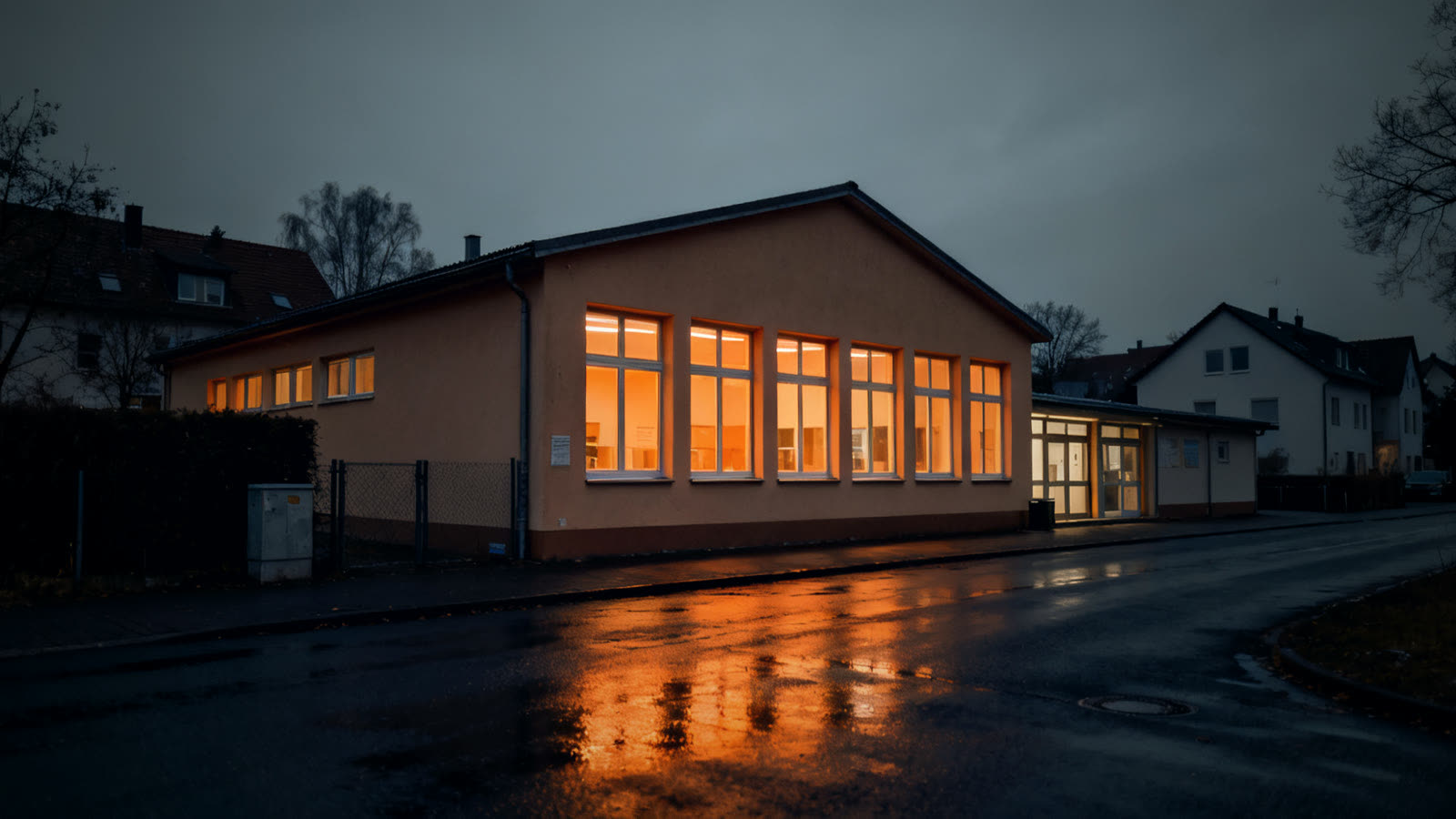 Beleuchtetes Gemeindehaus in einer dunklen Straße als Beispiel für einen Notfalltreffpunkt