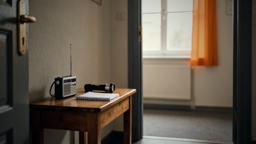 Batterieradio und Taschenlampe auf Ablagetisch, Vorbereitung für Warnung der Bevölkerung