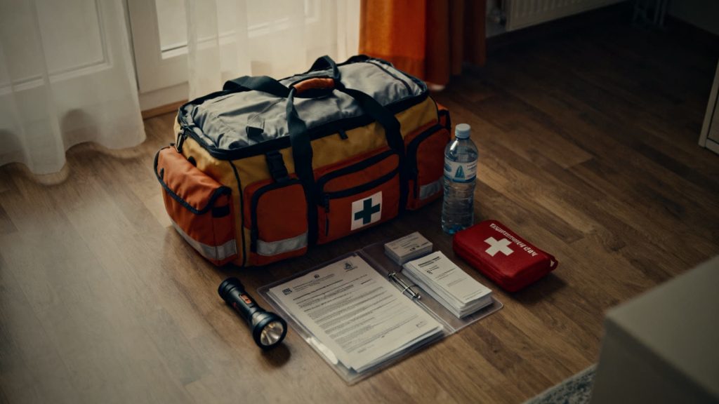 Mochila de emergencia preparada con carpeta de documentos, linterna y botellas de agua para prepararse ante una evacuación