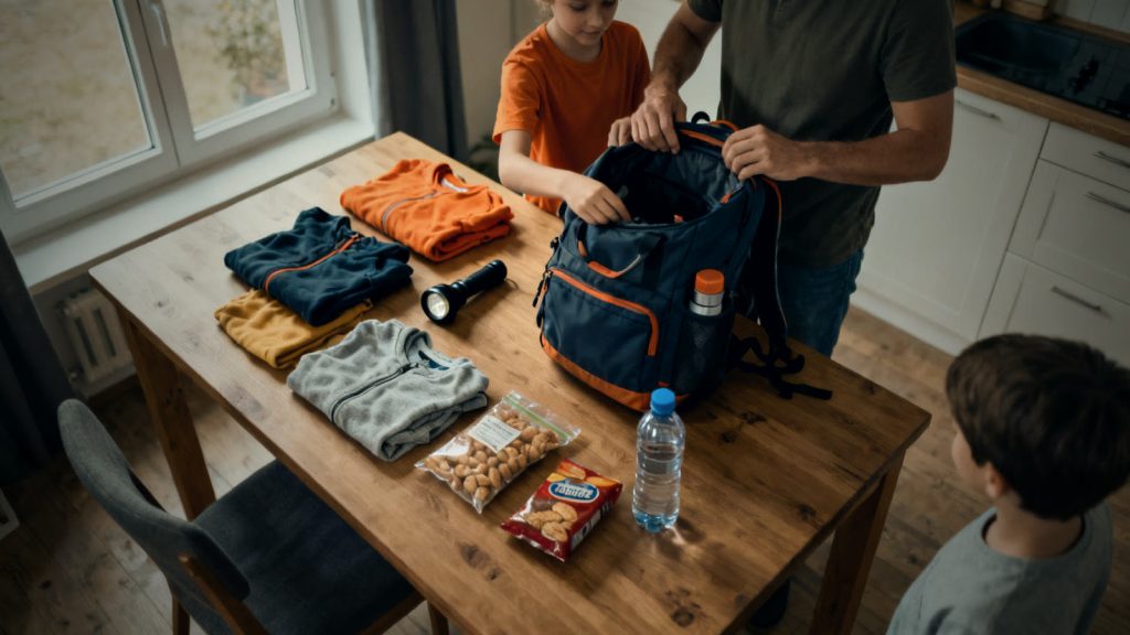 Mochila de emergencia para niños que se prepara en la mesa de la cocina, con linterna, botella de agua y ropa
