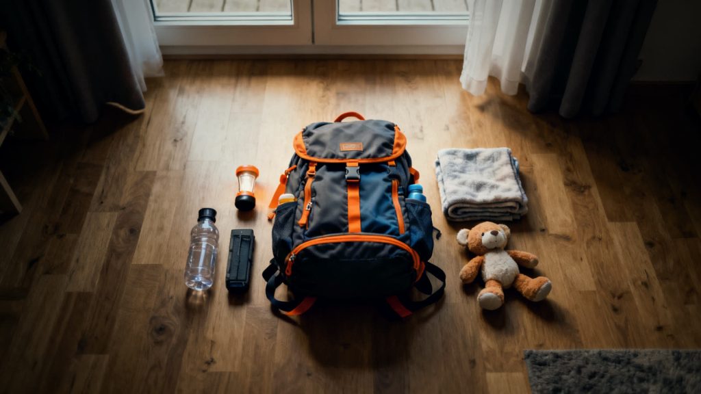 Gepackter Notgepäck-Rucksack für Kleinkinder mit Taschenlampe, Trinkflasche und Kuscheltier auf Holzboden