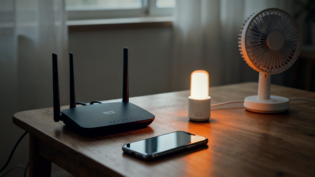 Geräte-Auswahl mit Router, Handy, LED-Lampe und kleinem Ventilator für die Berechnung des Notstrombedarfs