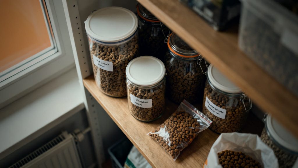 Réserve de croquettes dans des contenants fermés pour le stock d'urgence des animaux de compagnie
