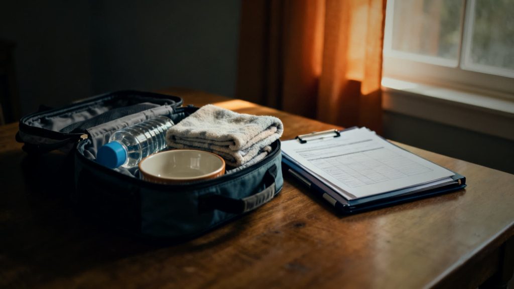 Sac d'urgence prêt avec couverture, gamelle et pochette de documents pour le stock d'urgence des animaux de compagnie