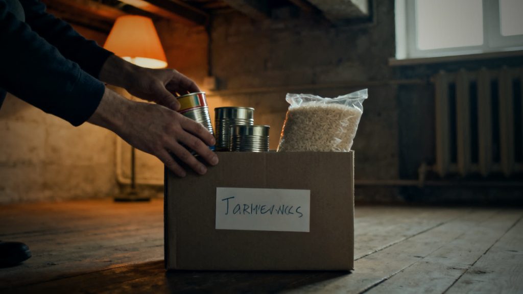 Hände packen Konserven und Reis in einen Vorratskarton im Keller als Teil des Notvorrats