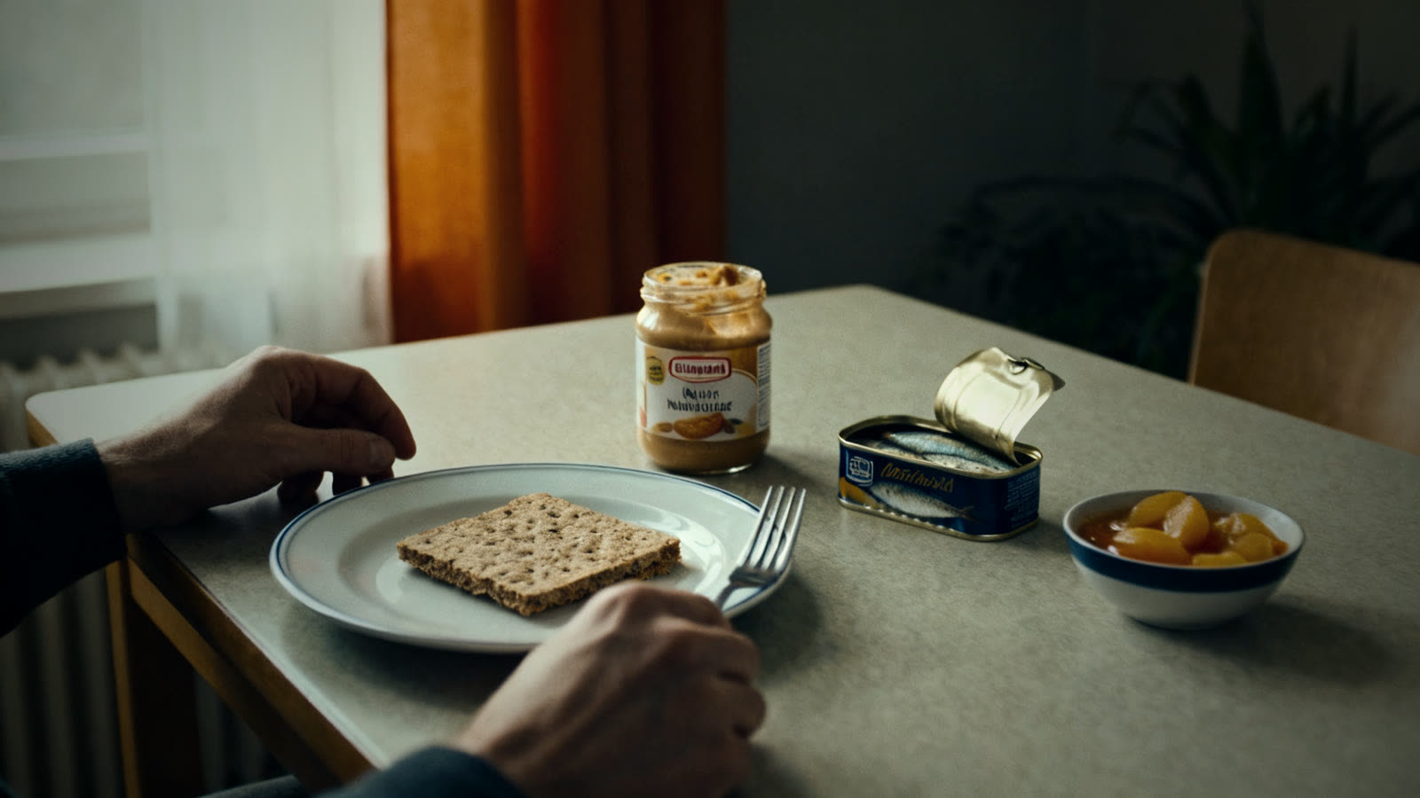 Teller mit Knäckebrot, Nussmus, Dosenfisch und Obstkonserve als Beispiel für Notvorrat ohne Kochen