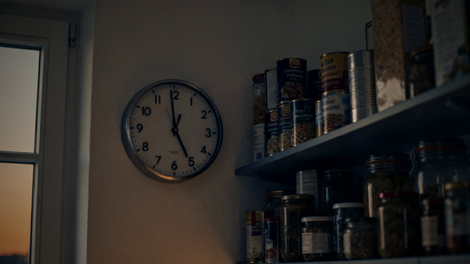 Wanduhr bei Dämmerung neben einem Vorratsregal zur Erinnerung, den Notvorrat zu überprüfen