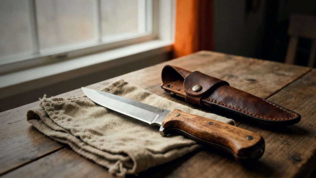 Cuchillo outdoor con mango de madera y funda de cuero sobre una mesa, para elegir el adecuado en la preparación ante emergencias
