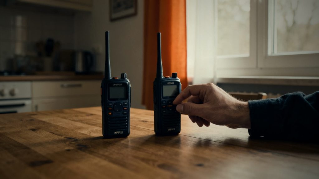 Dos walkie-talkies PMR446 sobre una mesa de madera, una mano ajusta el canal