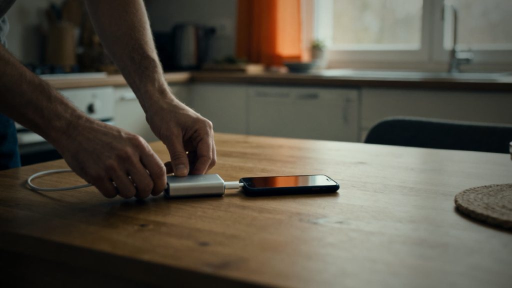 Manos conectan una batería externa a un smartphone, con una cocina tranquila al fondo