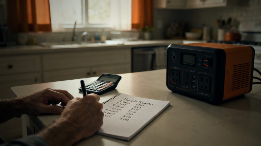 Hände notieren Geräte und Watt-Werte, um die Kapazität der Powerstation zu berechnen