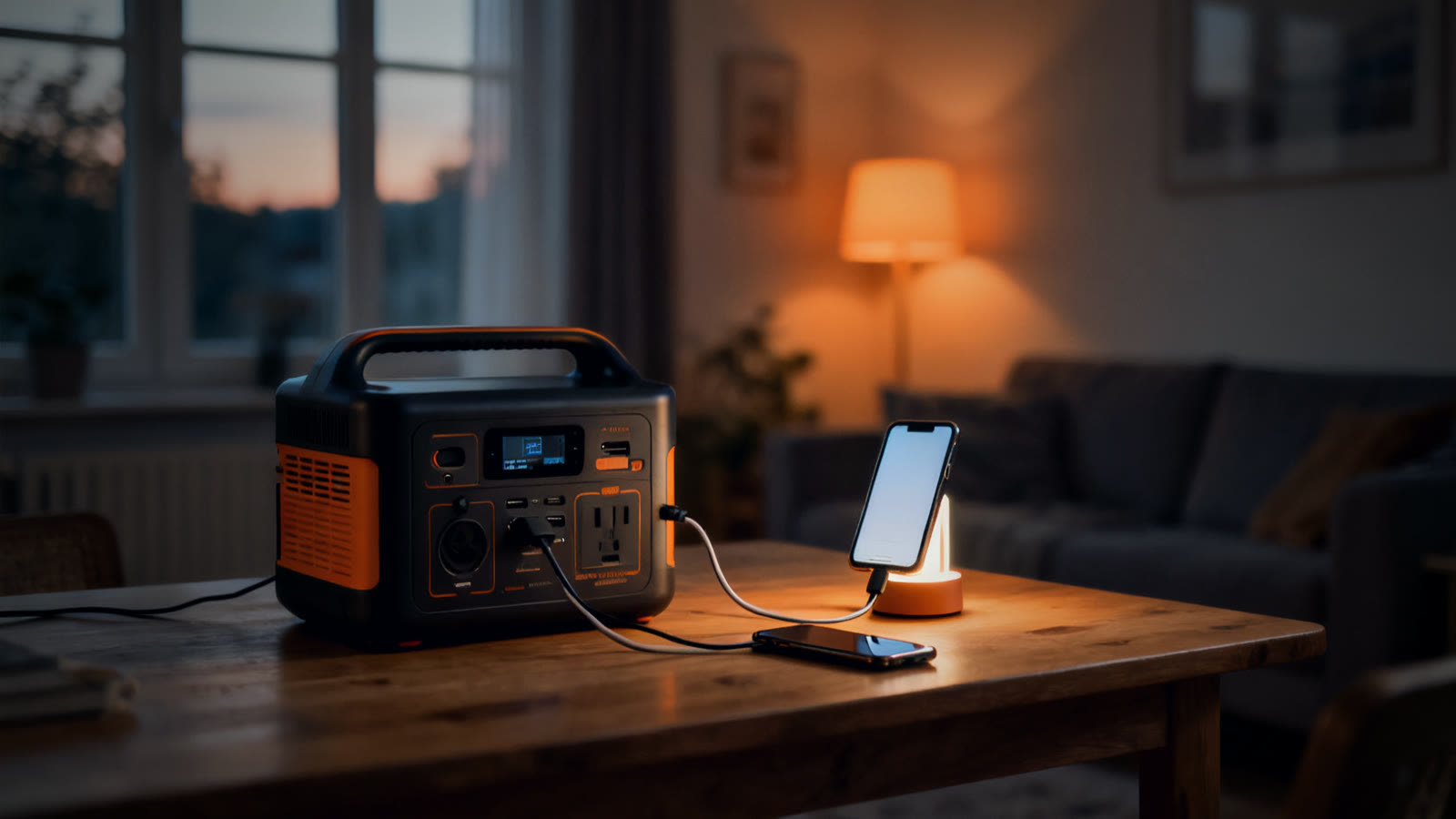 Powerstation auf einem Holztisch mit angeschlossenem Smartphone und Lampe im Wohnzimmer