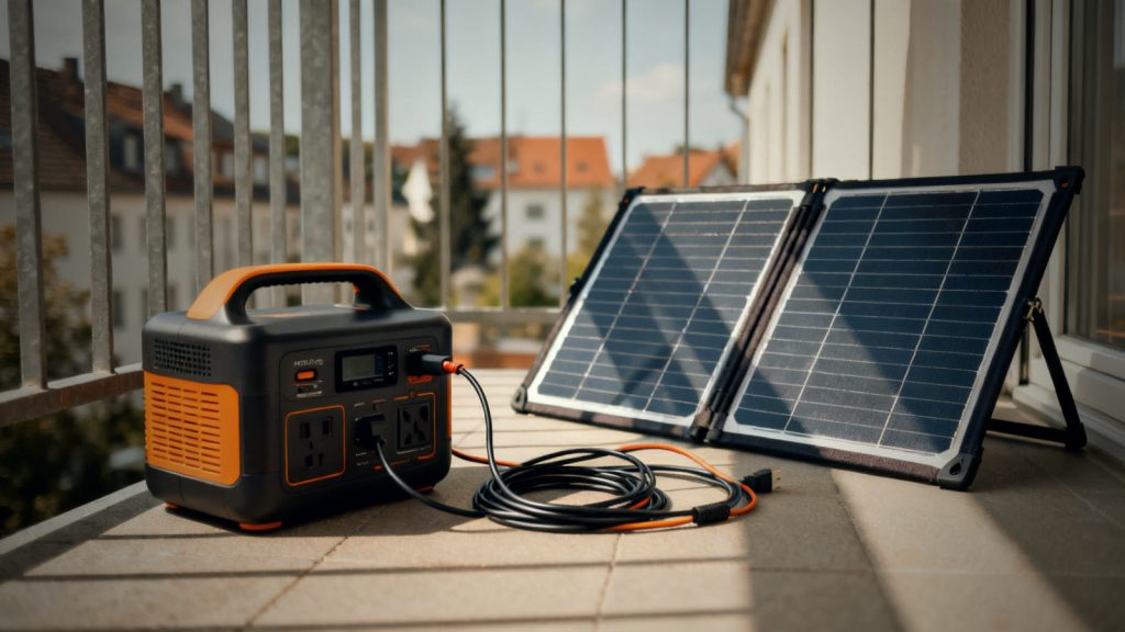 Powerstation mit faltbarem Solarpanel auf dem Balkon als zweite Ladequelle beim Stromausfall