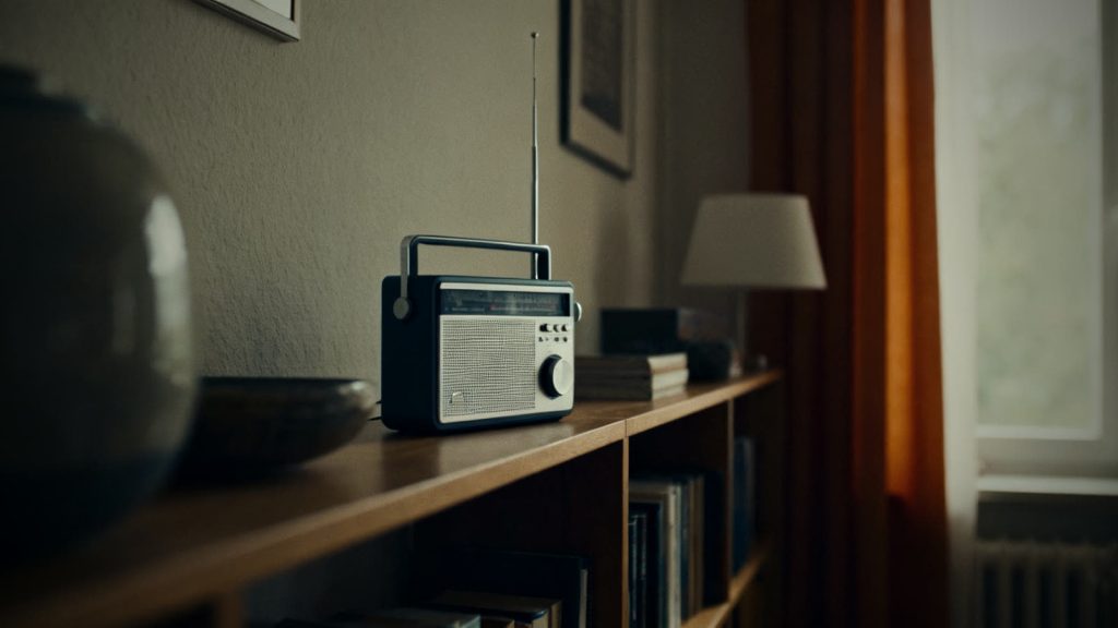 Radio auf einem Regal in einem Innenraum, Informationsquelle bei einer Gefahrstoff-Warnung