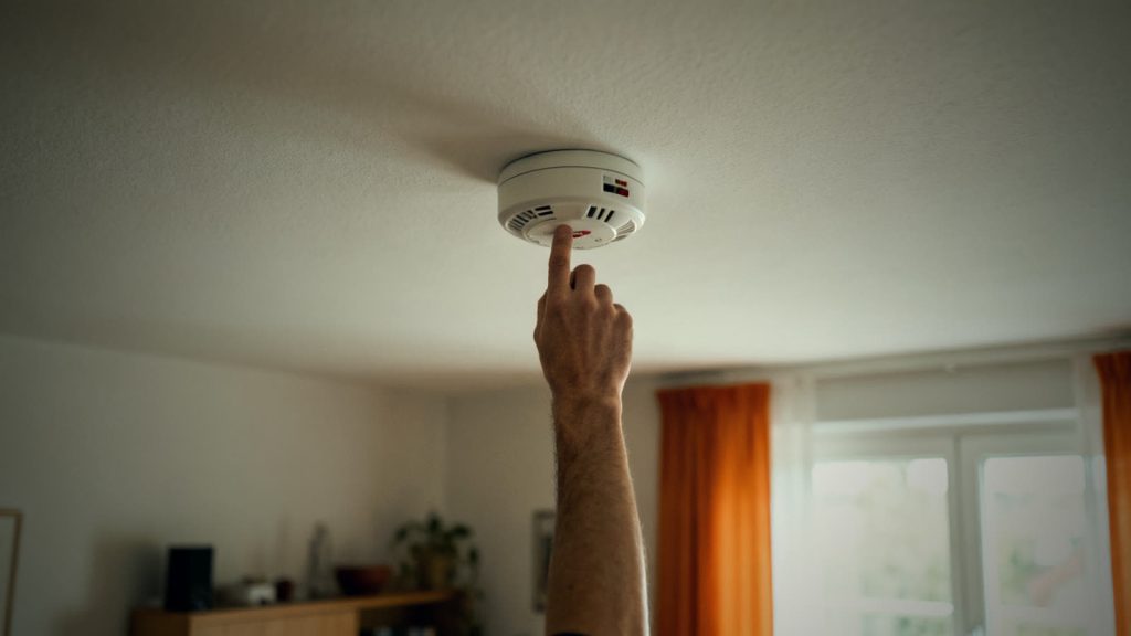 Hand testet einen Rauchmelder an der Decke als Teil der Routine, Notvorrat zu überprüfen