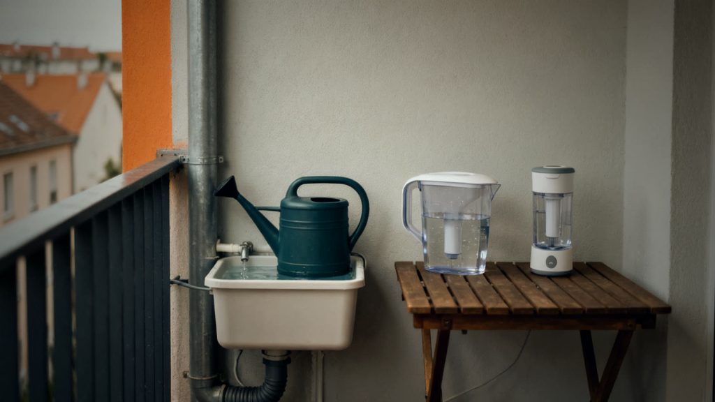 Compact rainwater collection on a balcony with a filter pitcher for the apartment