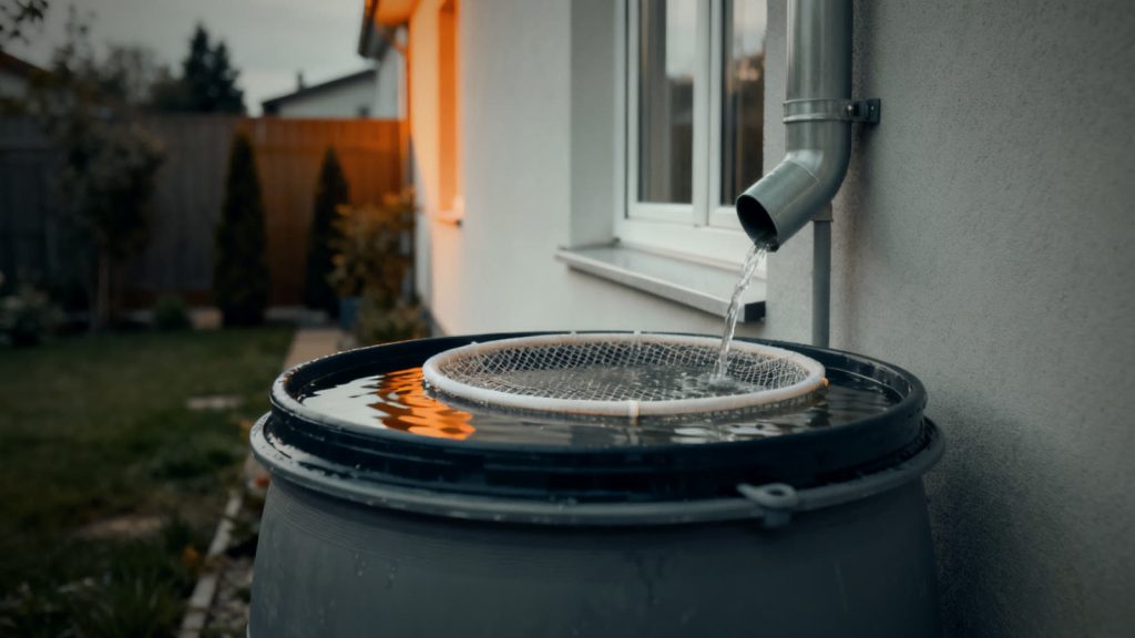 Rain barrel with a coarse filter on the downspout collecting rainwater in a home garden