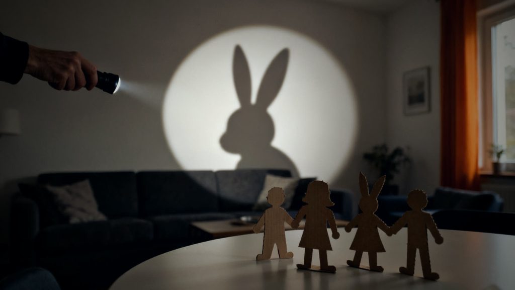 Schattenspiel mit Taschenlampe an der Wand: einfache Beschäftigung für Kinder ohne Strom
