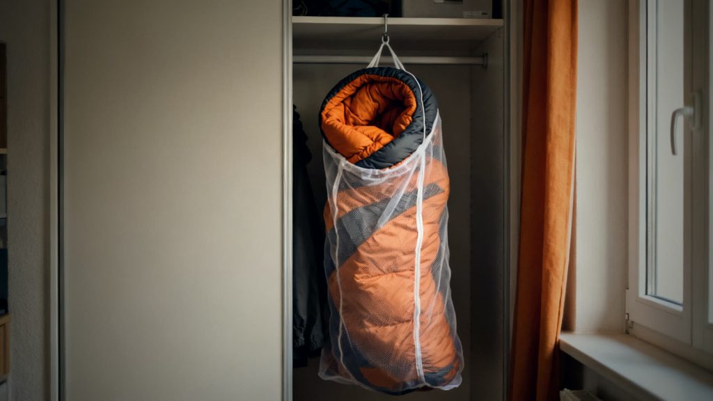 Saco de dormir colgado sin apretar en una bolsa de almacenaje transpirable dentro de un armario