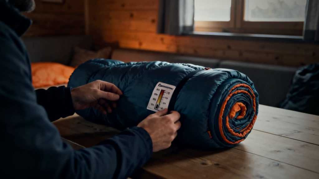 Saco de dormir con etiqueta de temperaturas que se revisa a mano sobre una mesa de madera