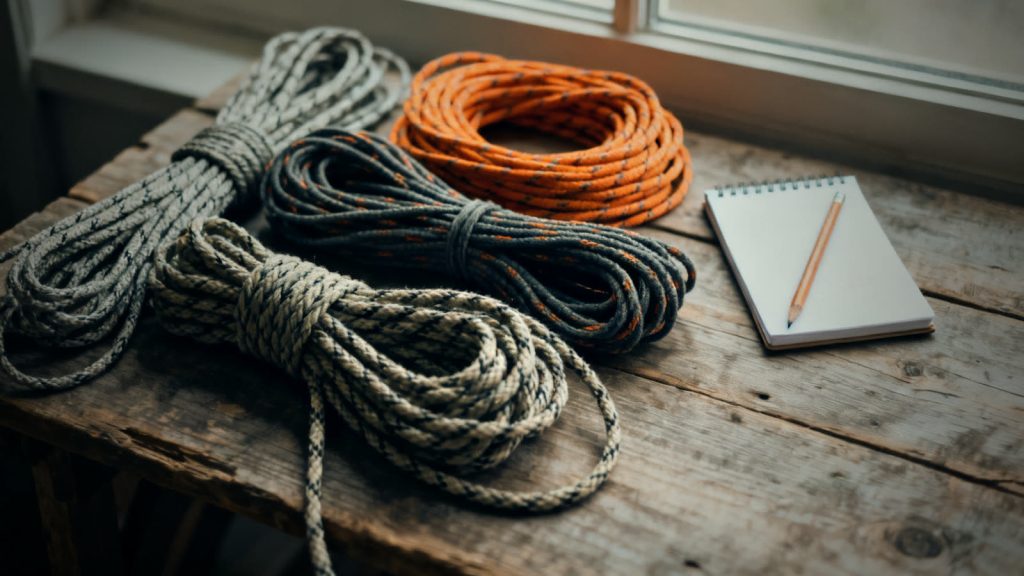 Distintos tipos de cuerdas y cordones enrollados sobre una mesa de madera para compararlos