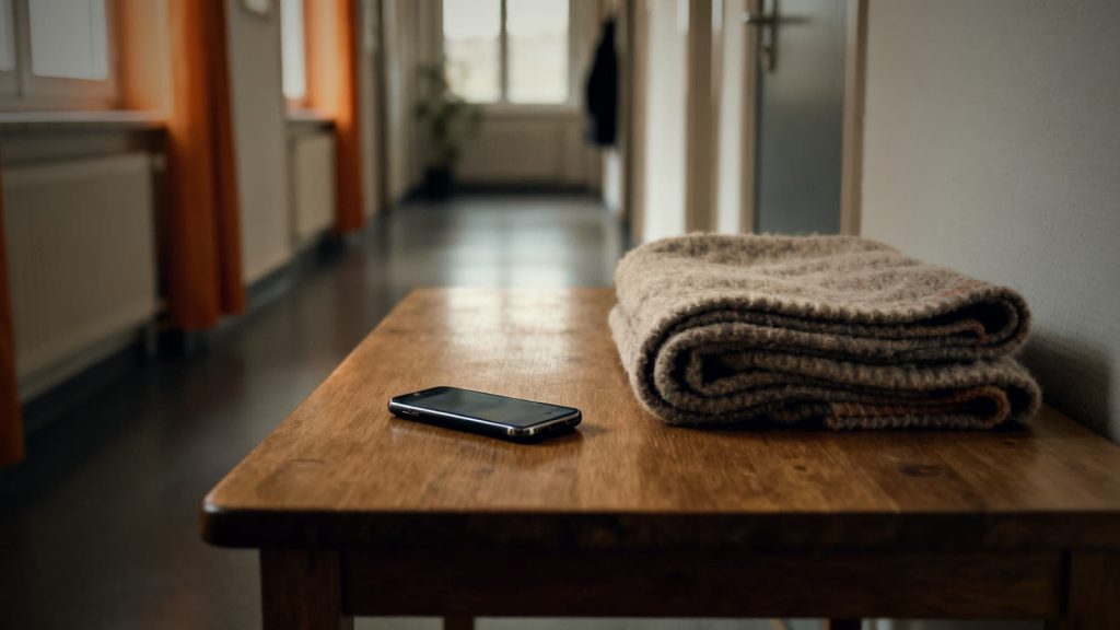 Smartphone und gefaltete Decke auf einem Tisch, bereit für den Notruf bei Unterkühlung