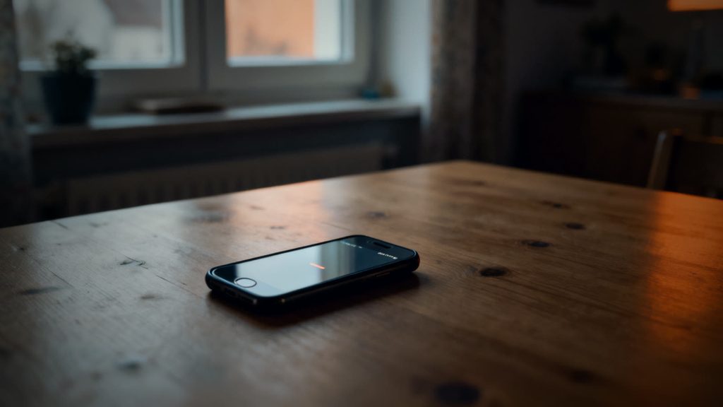 Smartphone ohne Netzempfang auf Holztisch, Handynetz bei Stromausfall oft nicht verfügbar
