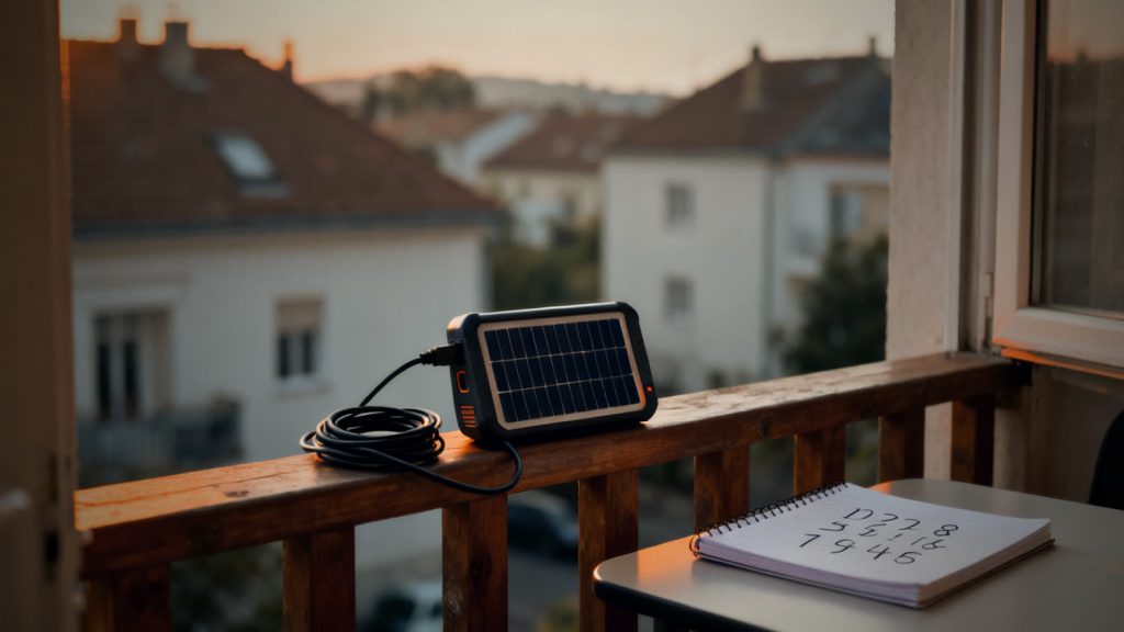 Small solar panel on a balcony in morning light, illustrating solar power for beginners
