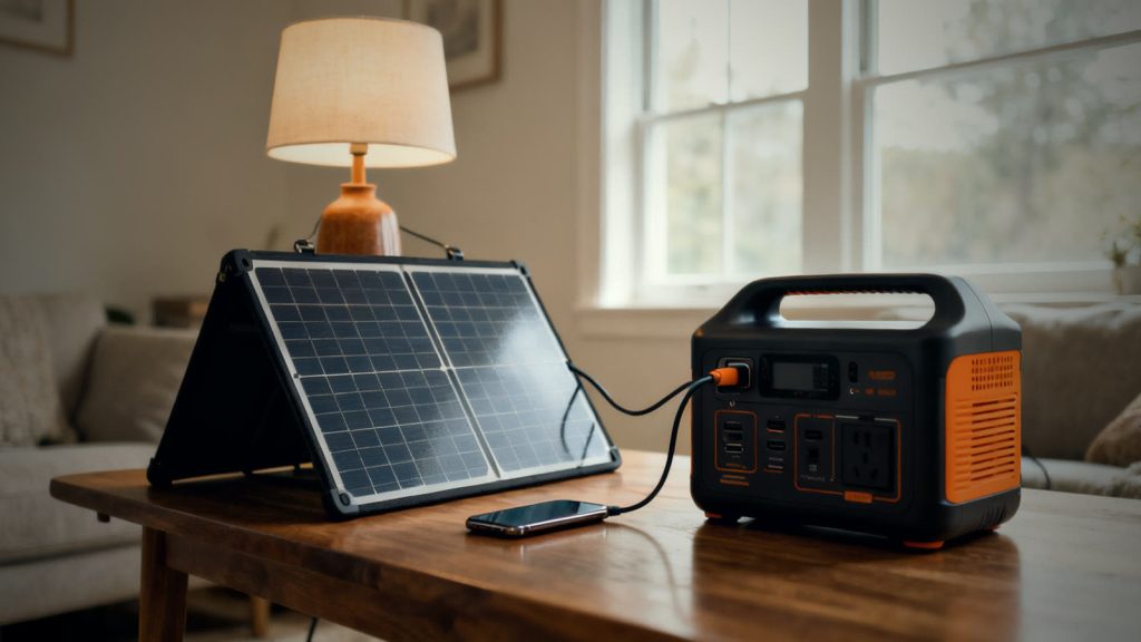 Solar panel with power station running a lamp and a phone, test setup for everyday solar power