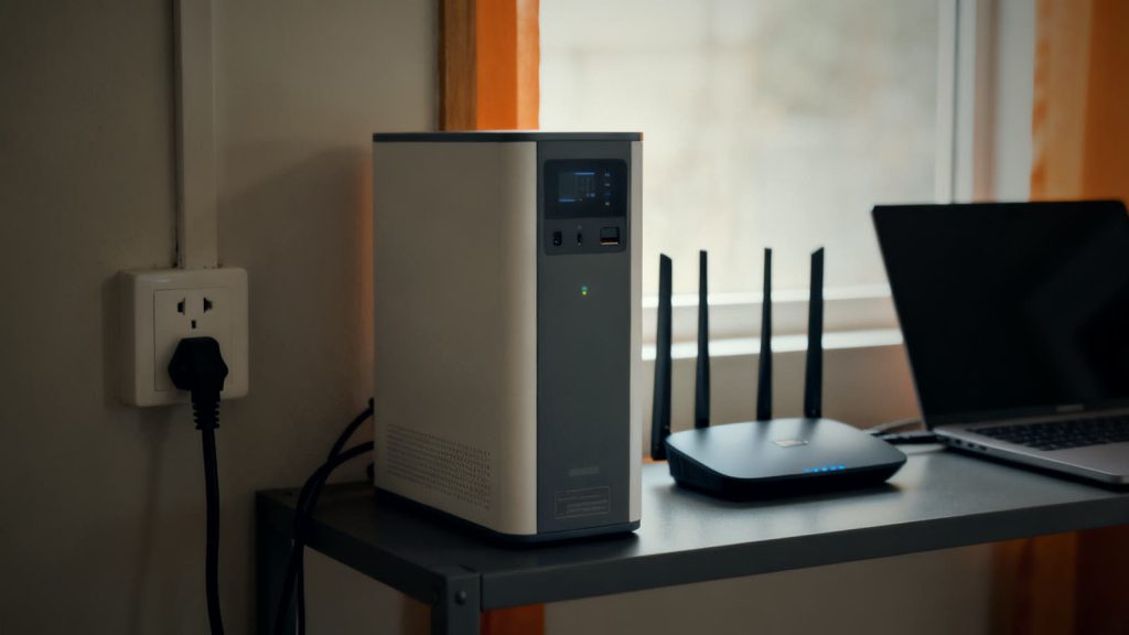Kompakter Speicher mit Notstromfunktion und Steckdose neben Router und Laptop in der Wohnung