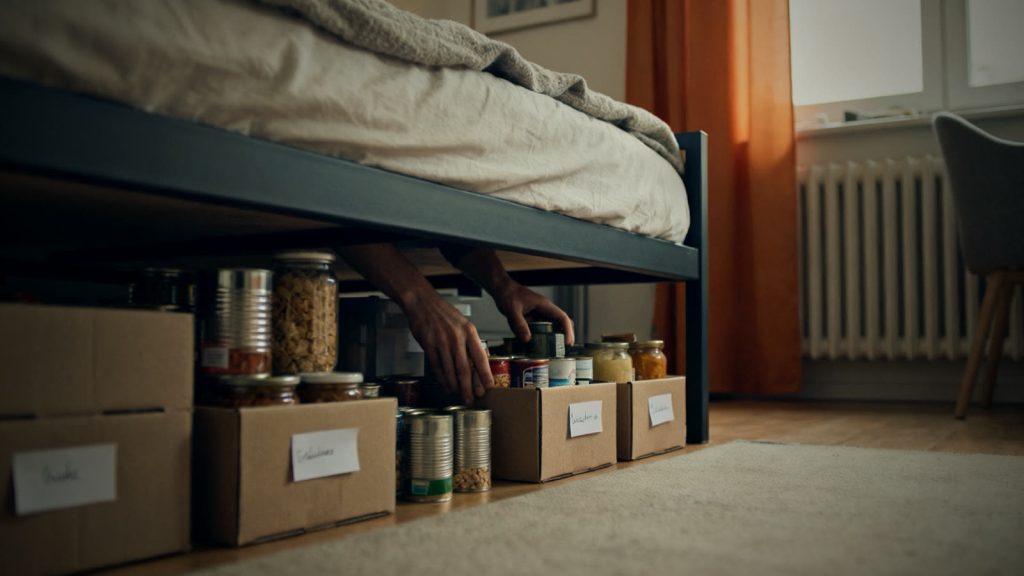 Hands organizing storage boxes of food in a storage space under the bed of a rented apartment