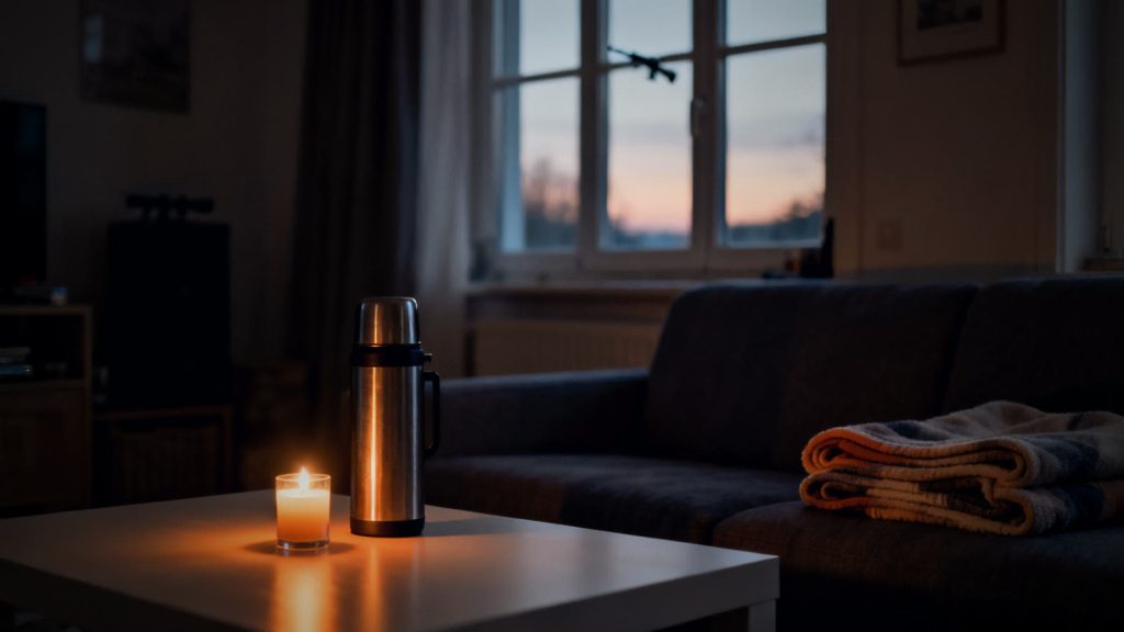 Salón con luz de velas y una manta que muestra una preparación tranquila para la noche durante un apagón
