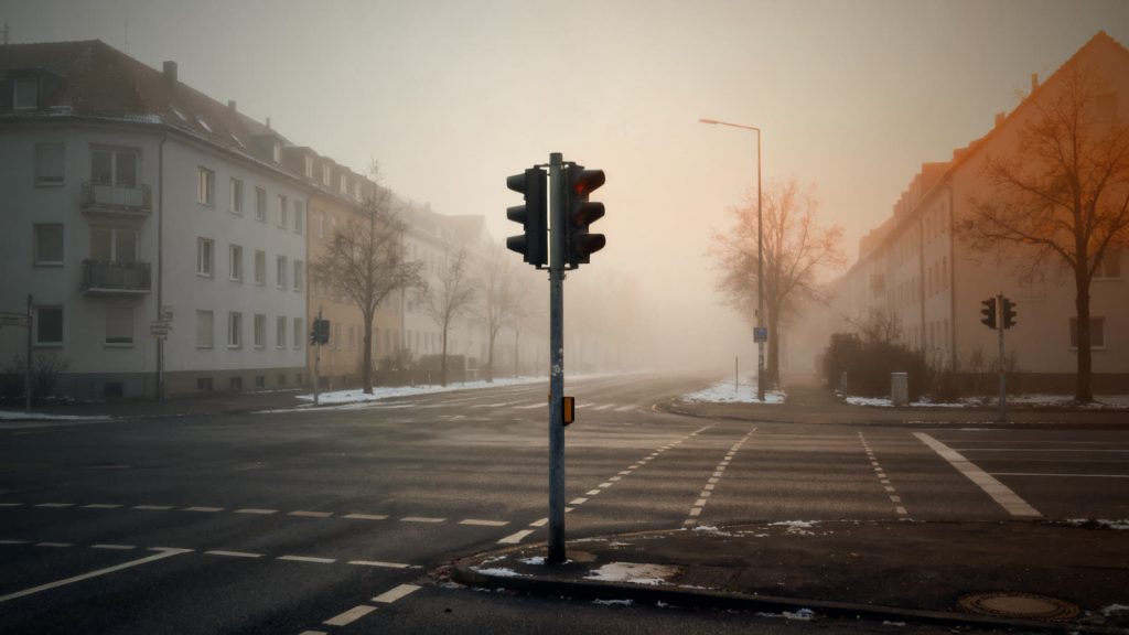 Verlassene Kreuzung mit ausgefallener Ampel im Winternebel während eines Stromausfalls