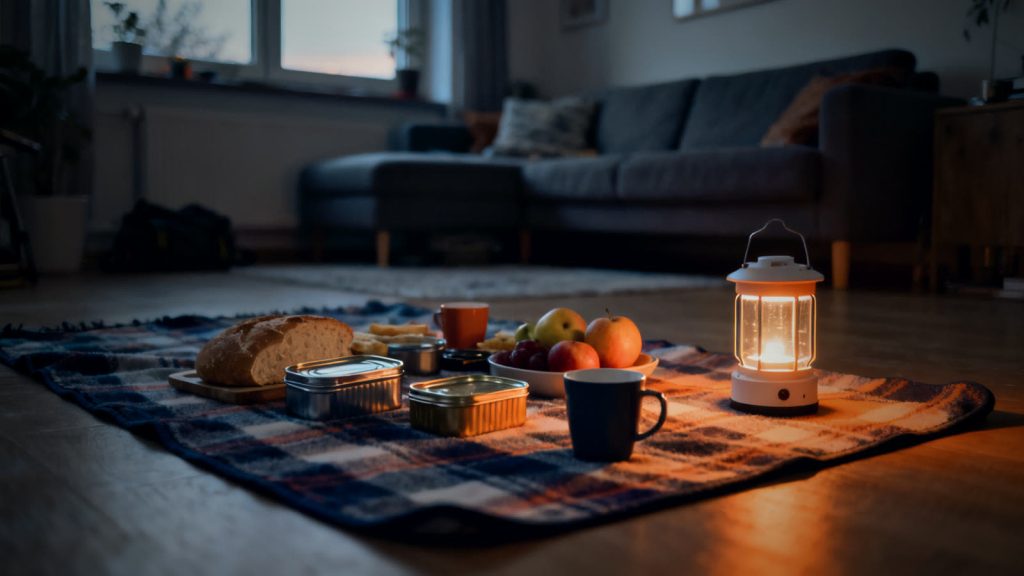 Picknickdecke im Wohnzimmer mit kalten Mahlzeiten aus dem Vorrat bei LED-Licht während eines Stromausfalls