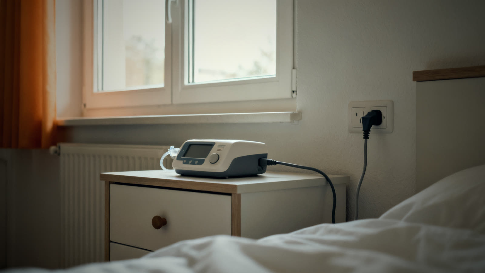 Medizinisches Gerät am Nachttisch mit Stromkabel – Stromausfall bei medizinischen Geräten vorbereiten