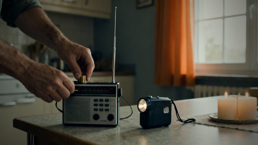 Manos comprobando una radio y una linterna como preparación para un apagón en casa