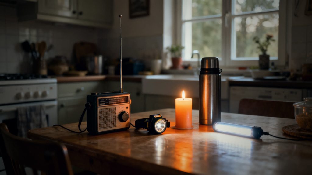 Küchentisch mit Kurbelradio, Stirnlampe und Thermoskanne als Vorbereitung auf einen Stromausfall im Winter