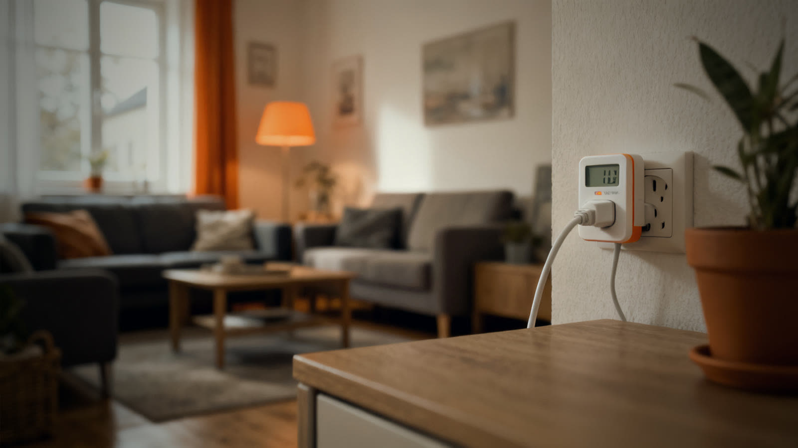 Energiekostenmessgerät in einer Steckdose zur Vorbereitung auf das Berechnen des Strombedarfs im Notfall