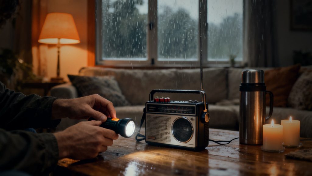 Linterna y radio preparados en el salón mientras fuera ruge una tormenta