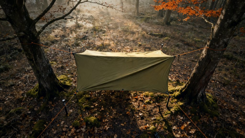 Tarp bien tensado entre dos árboles como refugio de emergencia sencillo en el bosque