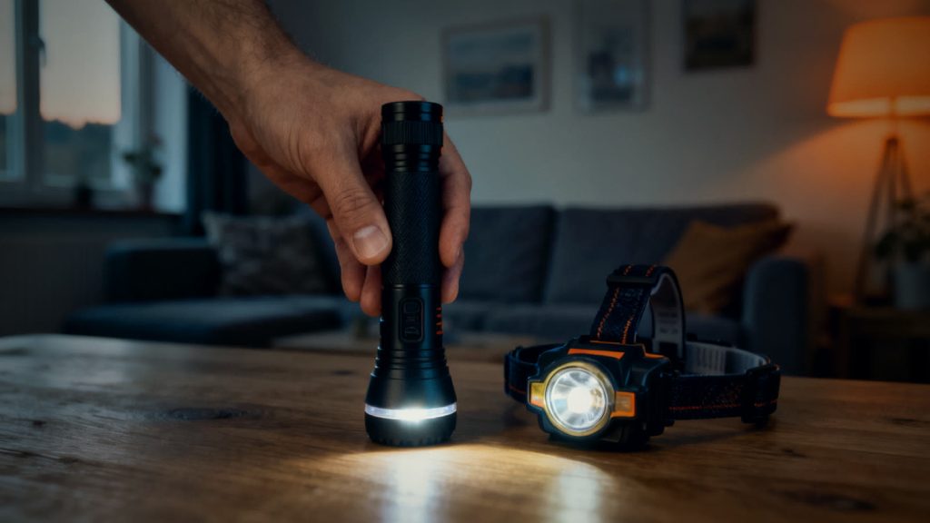 Taschenlampe und Stirnlampe liegen nebeneinander auf einem Holztisch zum direkten Vergleich