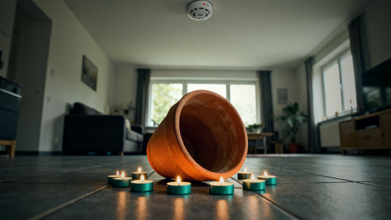 Teelichtofen aus Tontopf und Teelichtern auf Fliesen, im Hintergrund ein Rauchmelder an der Decke