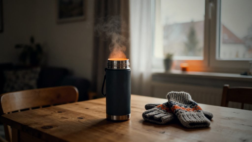 Thermoskanne mit warmem Getränk neben Handschuhen, passend zur Ersten Hilfe bei Unterkühlung