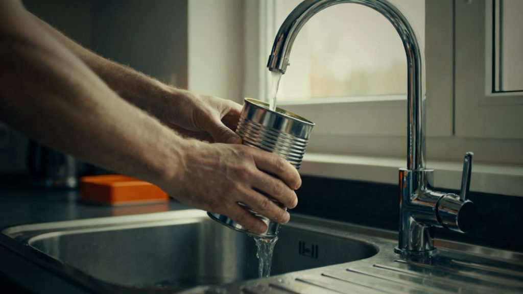 Hände befüllen einen Kanister mit Leitungswasser als Teil der Trinkwasser-Vorratsroutine