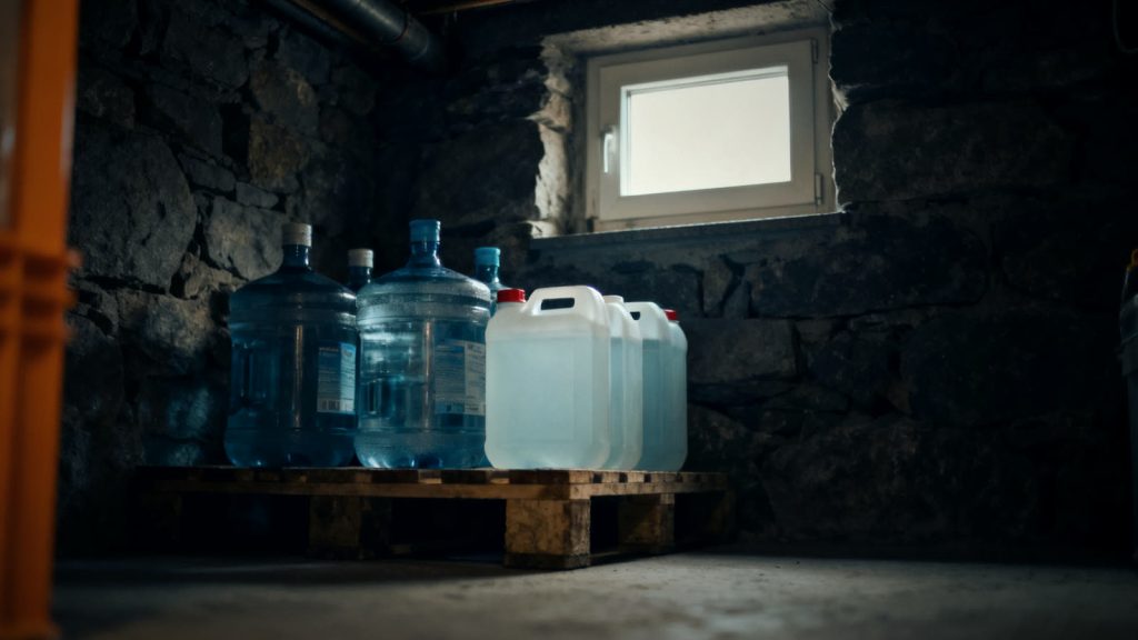 Cool basement room with water canisters on a pallet illustrating proper drinking water storage