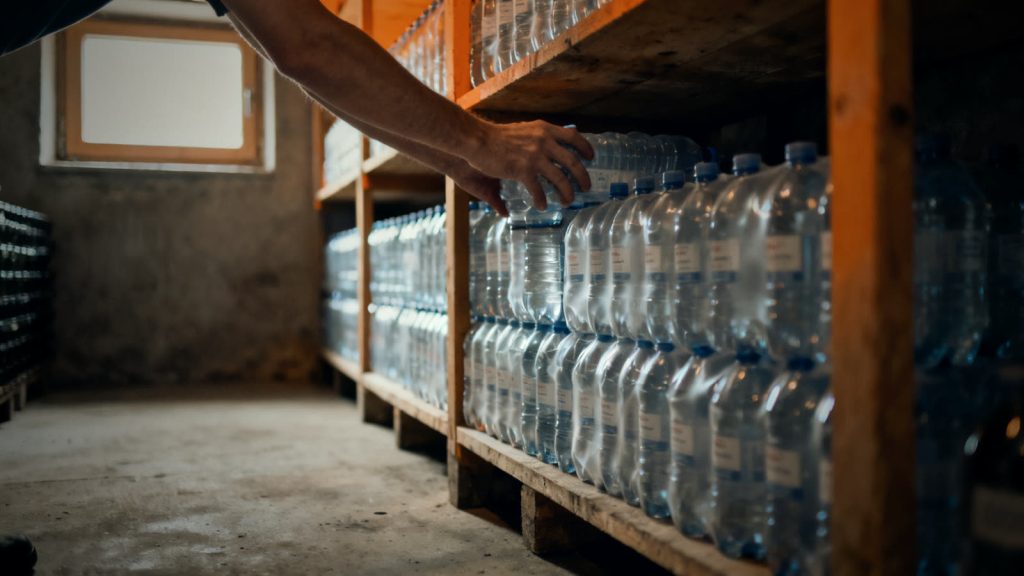 Gestapelte Trinkwasserflaschen in einem kühlen, dunklen Lagerraum für die Vorratshaltung