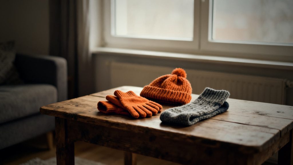 Un gorro de lana, guantes y calcetines gruesos preparados para proteger las extremidades del frío